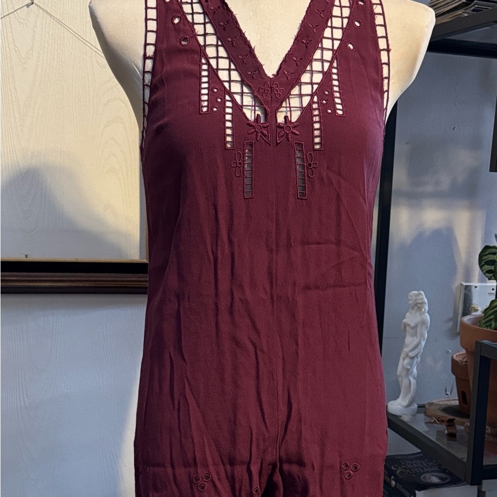 Staring At Stars Burgundy Sleeveless Romper with Lace/Embroidery Details